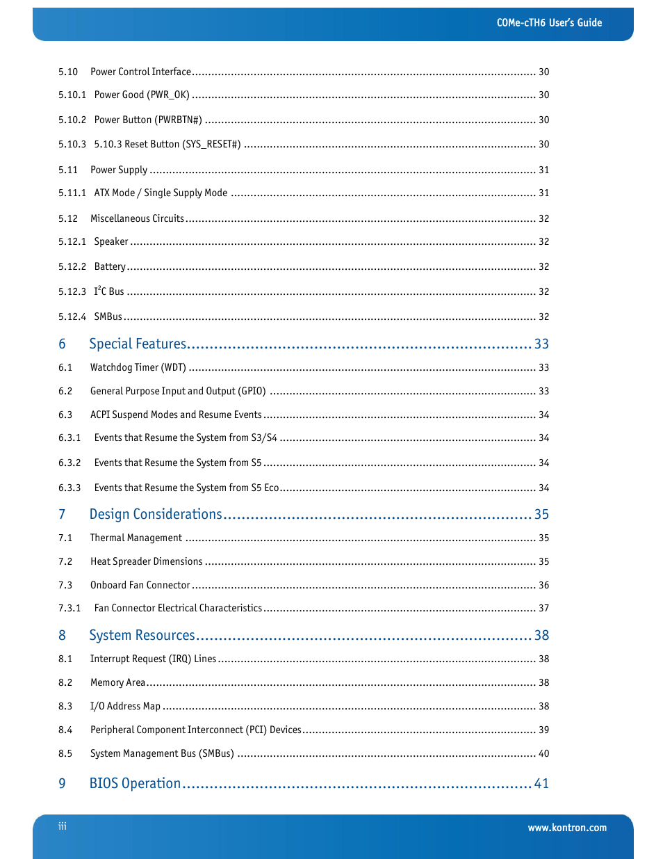 Special features, Design considerations, System resources | Bios operation | Kontron COMe-cTH6 User Manual | Page 5 / 83