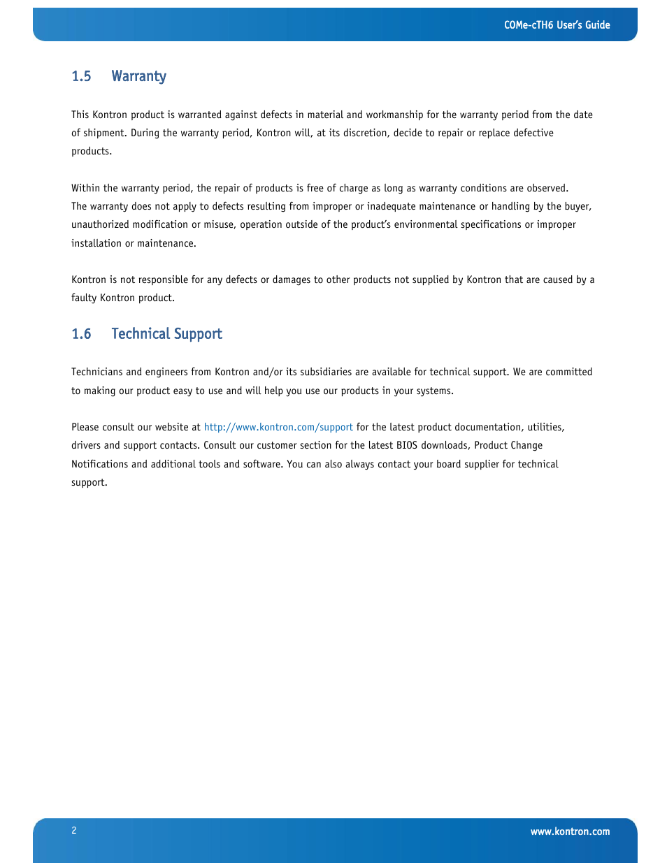 Warranty, Technical support, 5 warranty | 6 technical support | Kontron COMe-cTH6 User Manual | Page 8 / 83