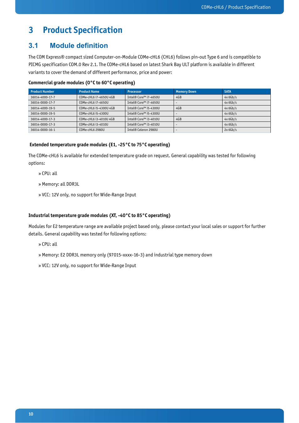 3 product specification, 1 module definition, Product specification | Module definition | Kontron COMe-cHL6 User Manual | Page 10 / 113