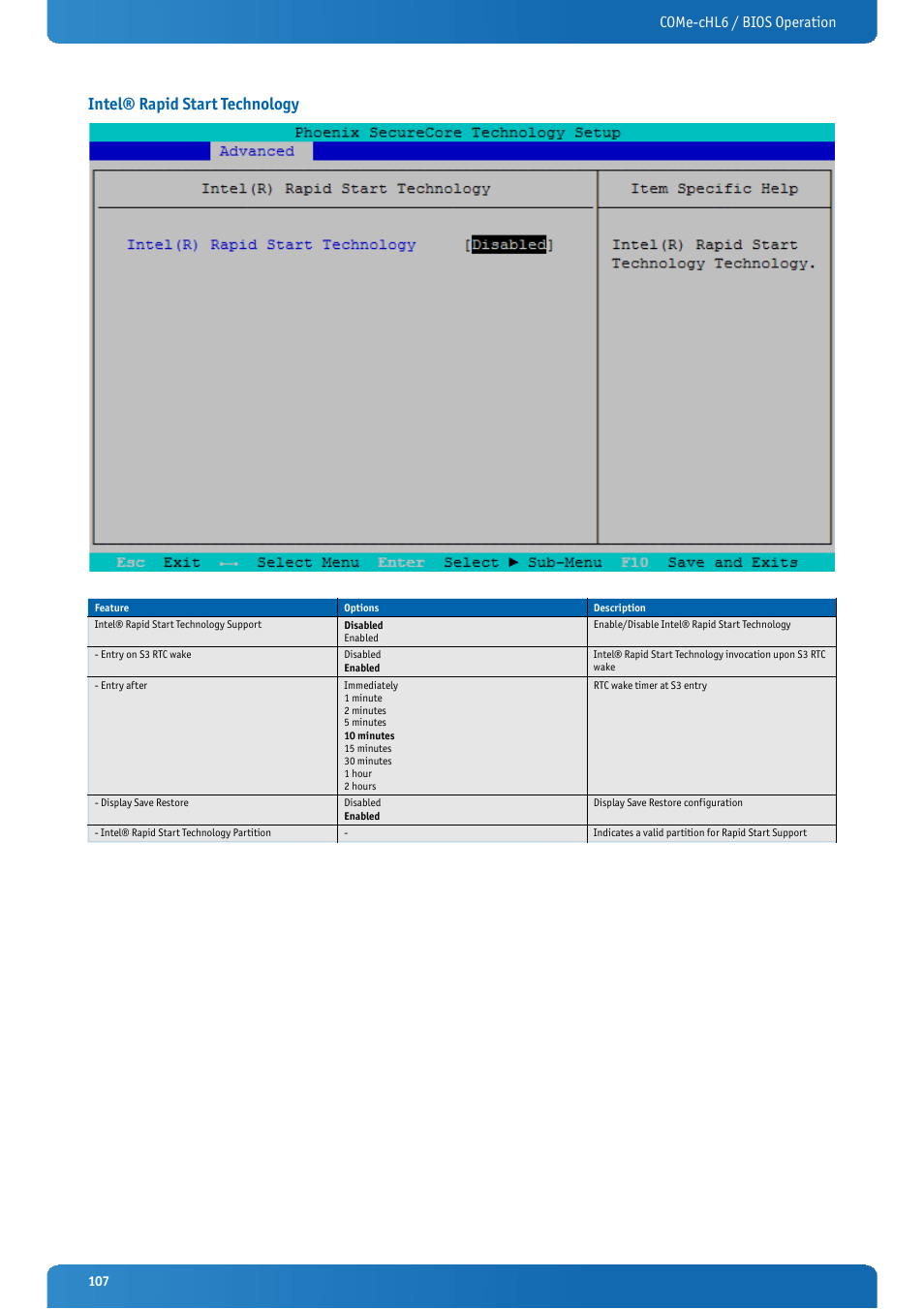 Intel® rapid start technology, Come-chl6 / bios operation | Kontron COMe-cHL6 User Manual | Page 107 / 113