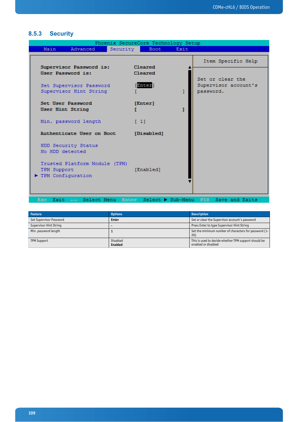 3 security, Security, Come-chl6 / bios operation | Kontron COMe-cHL6 User Manual | Page 109 / 113