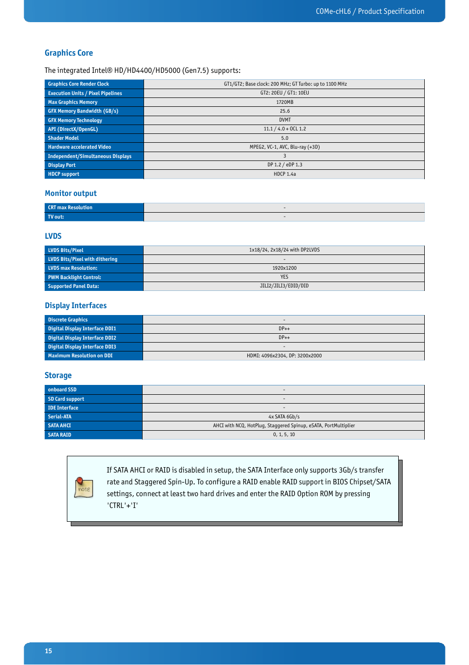 Graphics core, Monitor output, Lvds | Display interfaces, Storage, Come-chl6 / product specification | Kontron COMe-cHL6 User Manual | Page 15 / 113