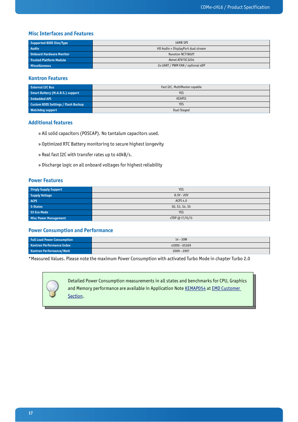 Misc interfaces and features, Kontron features, Additional features | Power features, Power consumption and performance | Kontron COMe-cHL6 User Manual | Page 17 / 113