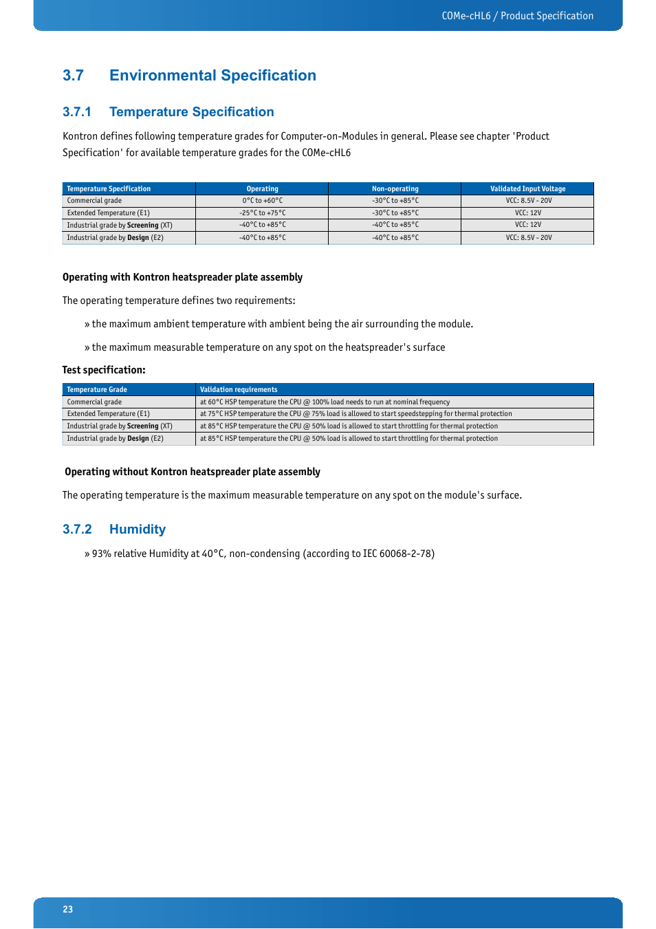 7 environmental specification, 1 temperature specification, 2 humidity | Environmental specification, Temperature specification, Humidity | Kontron COMe-cHL6 User Manual | Page 23 / 113