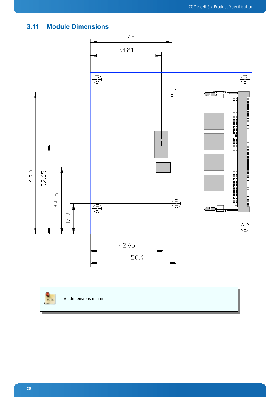11 module dimensions, Module dimensions | Kontron COMe-cHL6 User Manual | Page 28 / 113