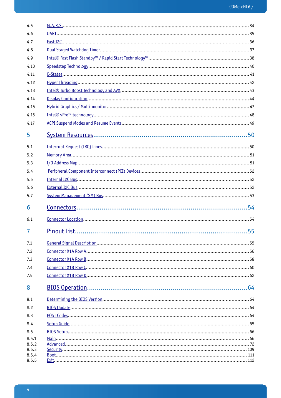 5system resources, 6connectors, 7pinout list | 8bios operation | Kontron COMe-cHL6 User Manual | Page 4 / 113