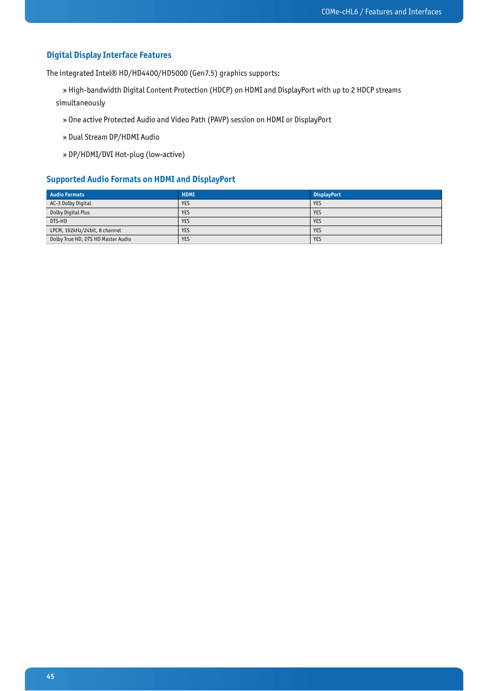 Digital display interface features, Supported audio formats on hdmi and displayport | Kontron COMe-cHL6 User Manual | Page 45 / 113