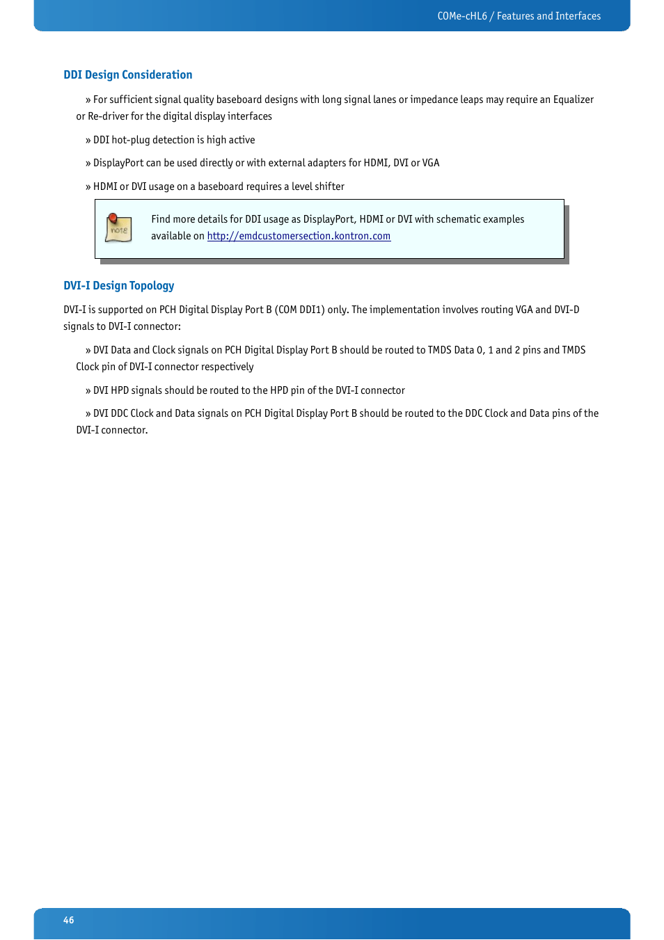 Ddi design consideration, Dvi-i design topology | Kontron COMe-cHL6 User Manual | Page 46 / 113