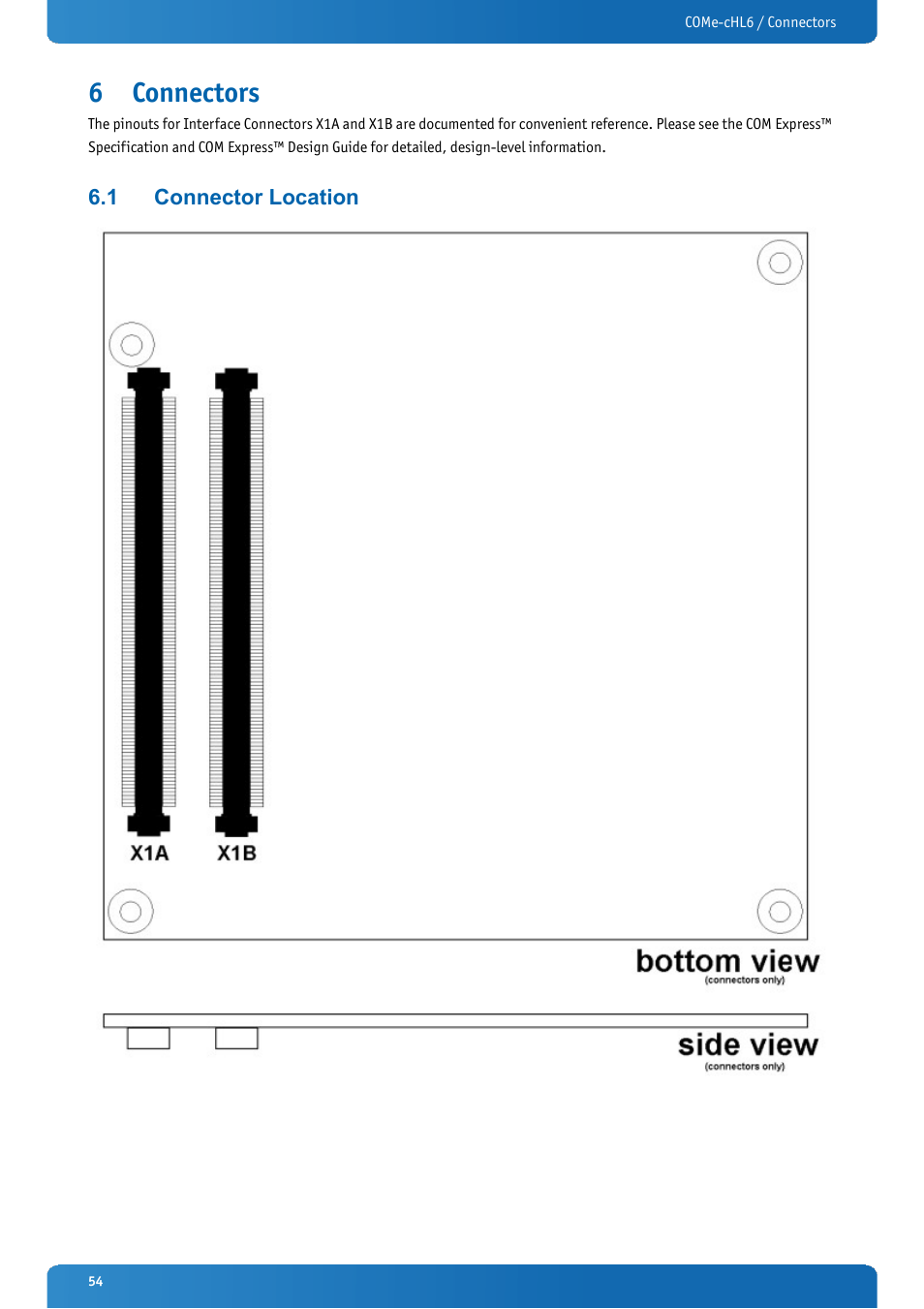 6 connectors, 1 connector location, Connectors | Connector location | Kontron COMe-cHL6 User Manual | Page 54 / 113