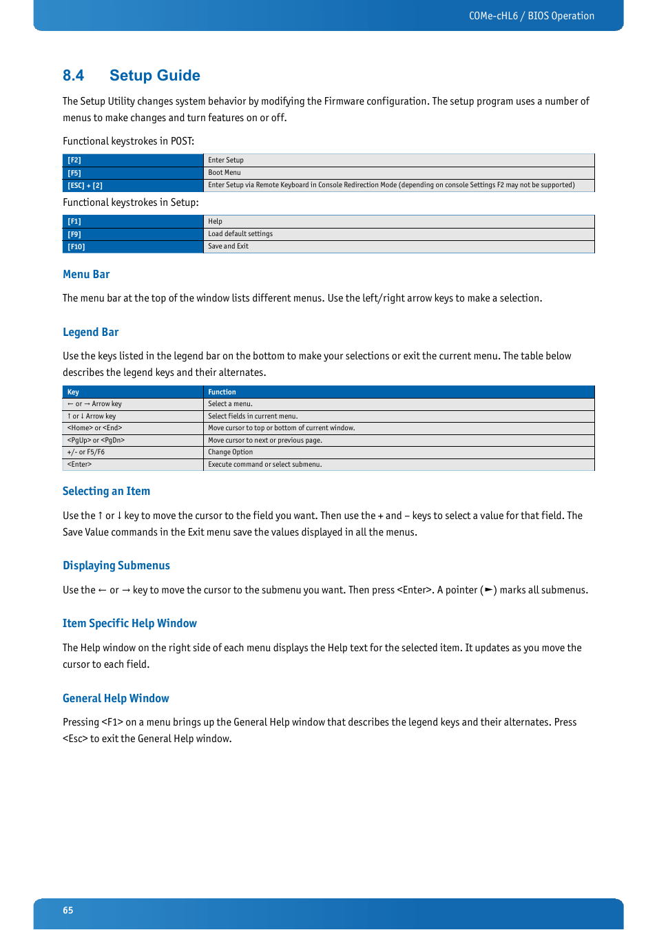 4 setup guide, Menu bar, Legend bar | Selecting an item, Displaying submenus, Item specific help window, General help window, Setup guide | Kontron COMe-cHL6 User Manual | Page 65 / 113