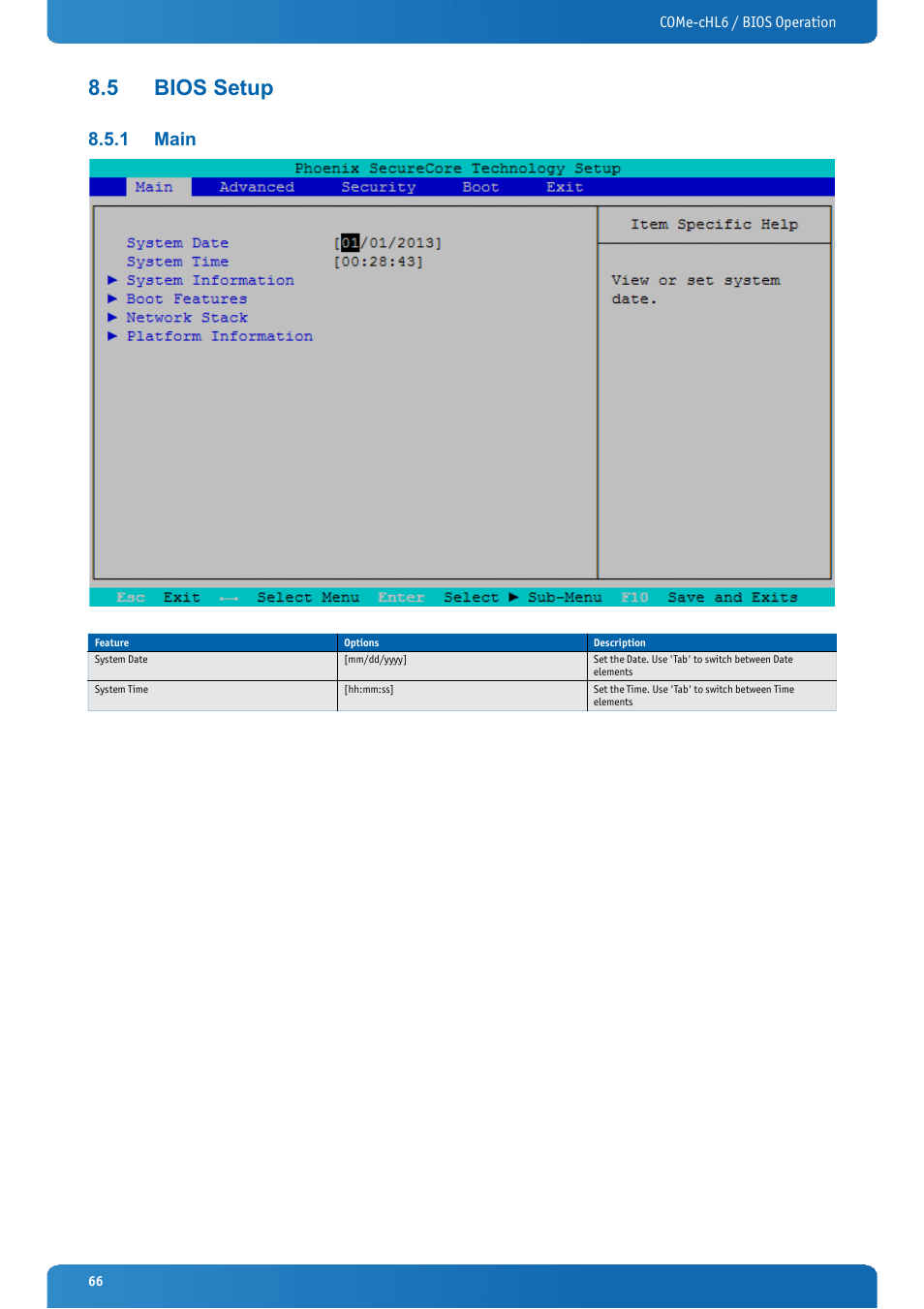5 bios setup, 1 main, Bios setup | Main | Kontron COMe-cHL6 User Manual | Page 66 / 113