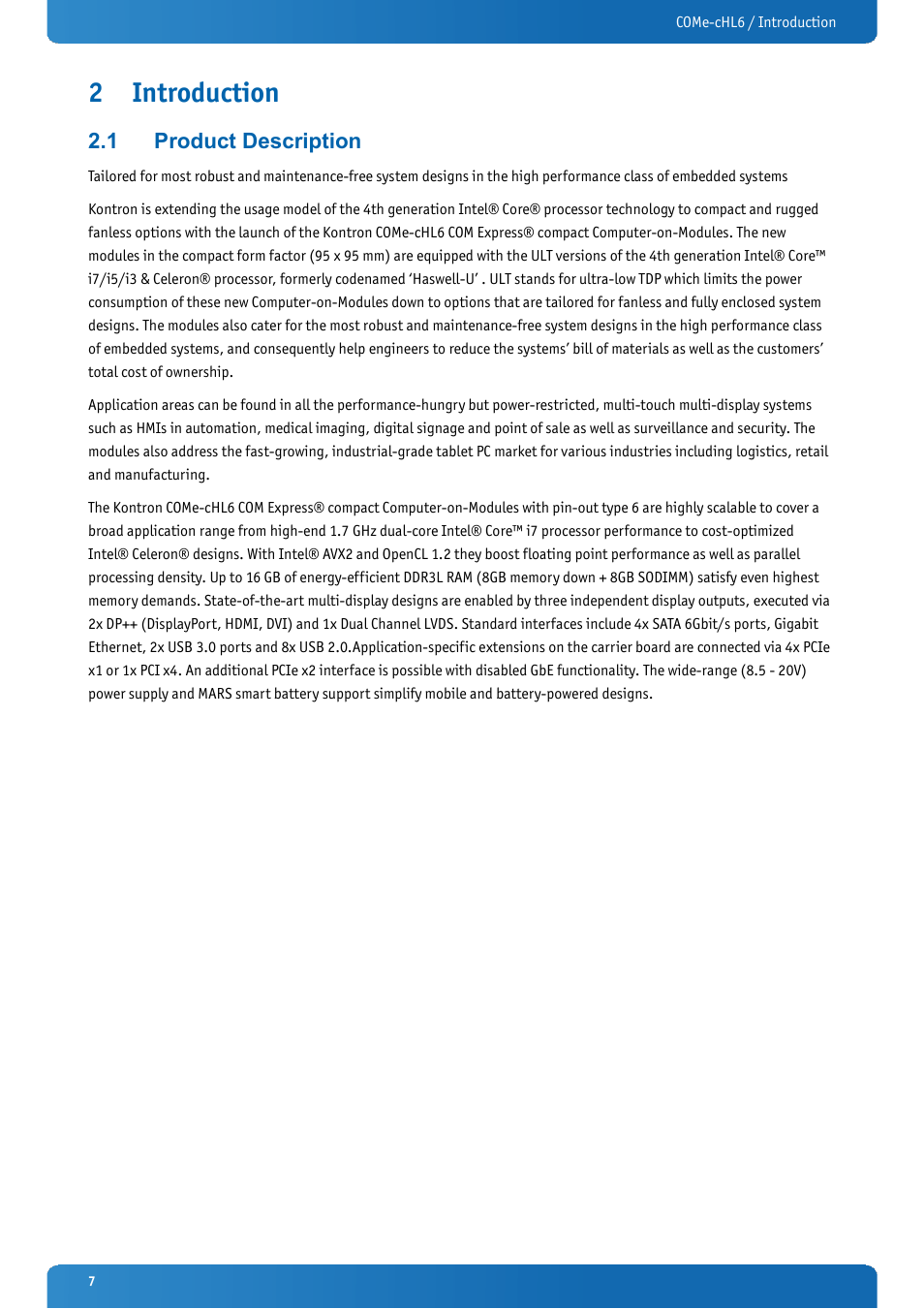 2 introduction, 1 product description, Introduction | Product description | Kontron COMe-cHL6 User Manual | Page 7 / 113