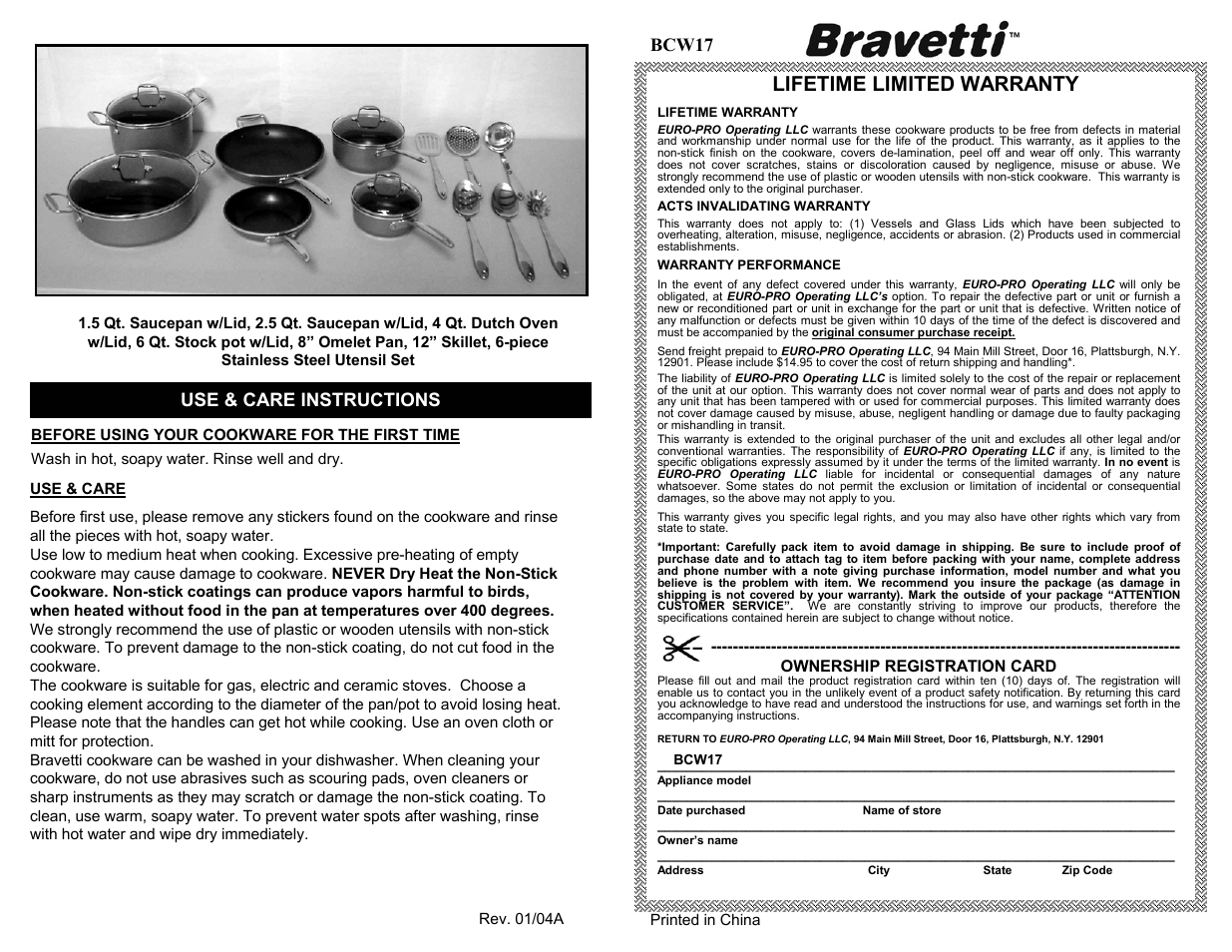 Lifetime limited warranty, Bcw17 use & care instructions | Bravetti BCW17 User Manual | Page 2 / 2