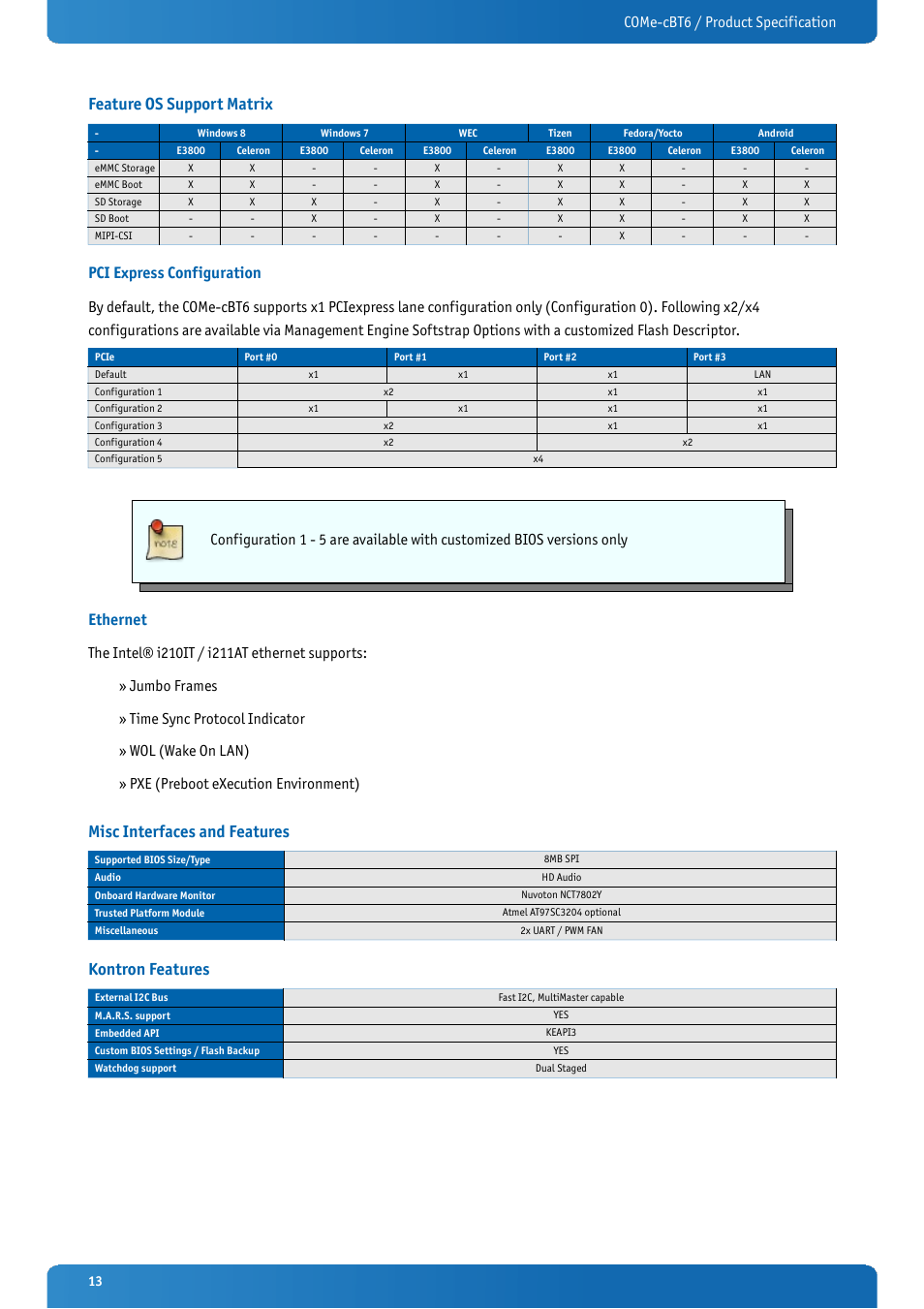 Feature os support matrix, Pci express configuration, Ethernet | Misc interfaces and features, Kontron features, Come-cbt6 / product specification | Kontron COMe-cBT6 User Manual | Page 13 / 90