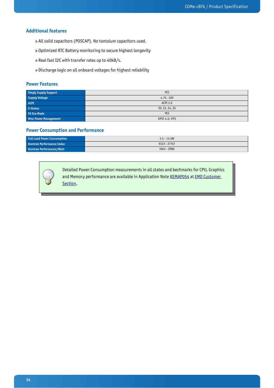 Additional features, Power features, Power consumption and performance | Kontron COMe-cBT6 User Manual | Page 14 / 90