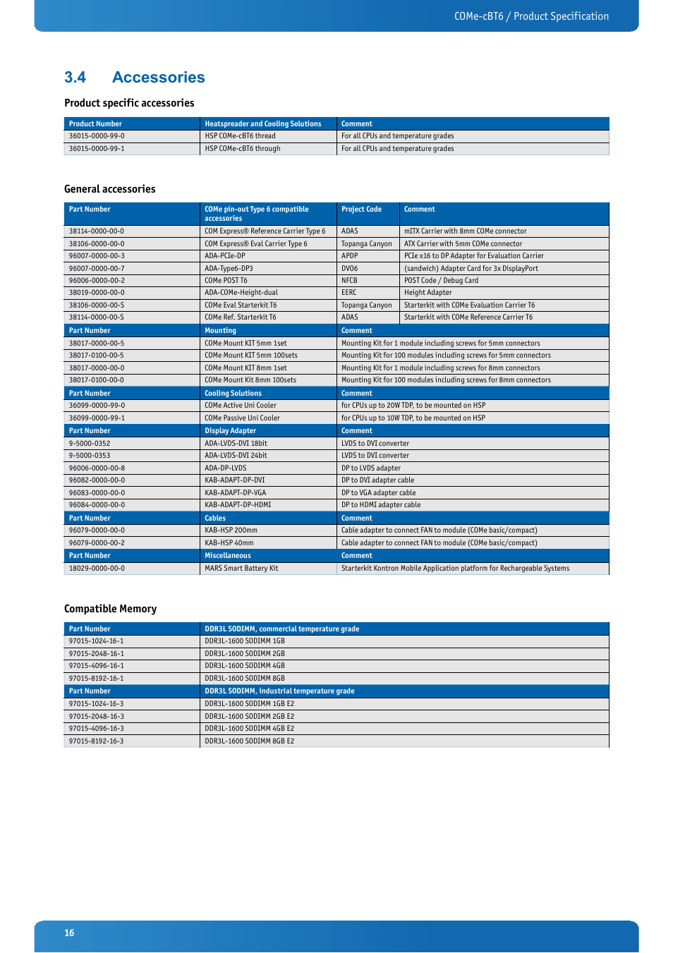 4 accessories, Accessories, Come-cbt6 / product specification | Product specific accessories, General accessories | Kontron COMe-cBT6 User Manual | Page 16 / 90