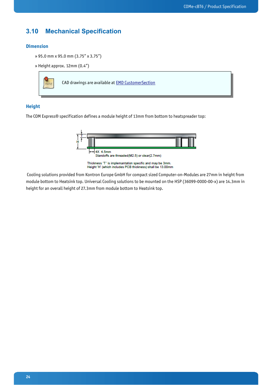 10 mechanical specification, Dimension, Height | Mechanical specification | Kontron COMe-cBT6 User Manual | Page 24 / 90