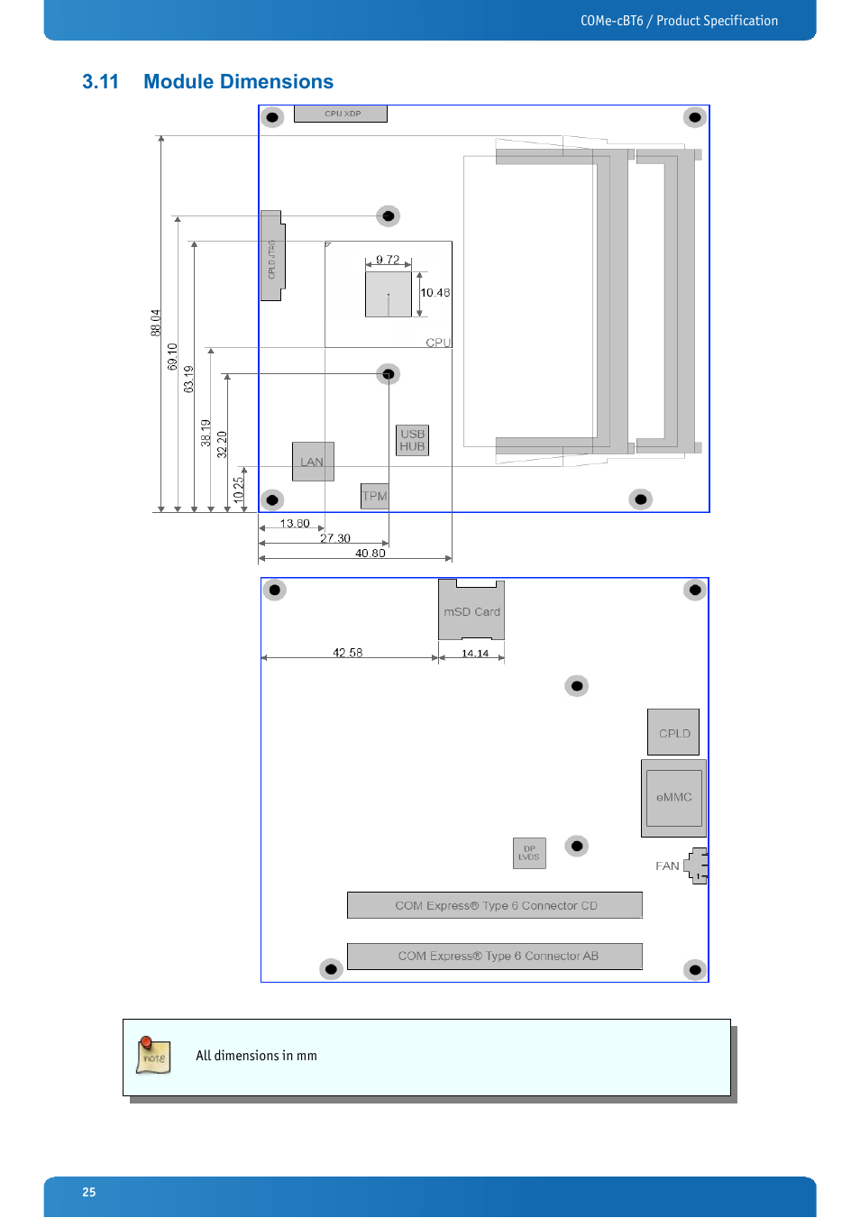 11 module dimensions, Module dimensions | Kontron COMe-cBT6 User Manual | Page 25 / 90