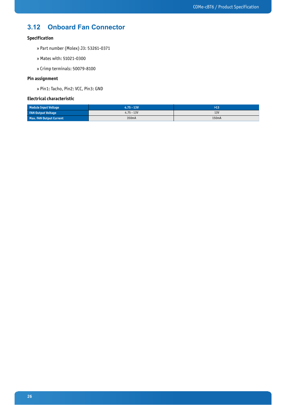 12 onboard fan connector, Onboard fan connector | Kontron COMe-cBT6 User Manual | Page 26 / 90