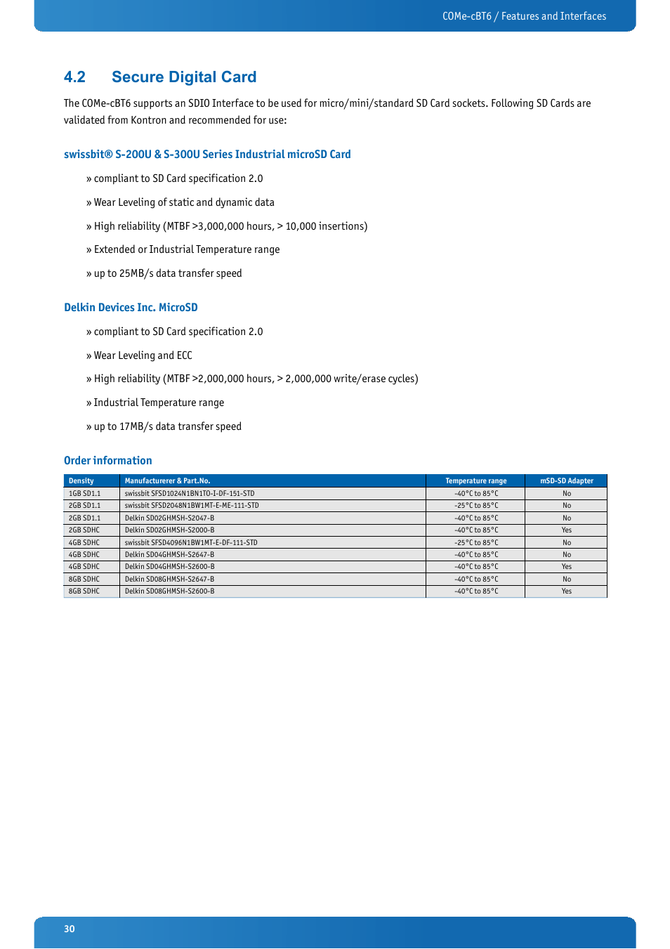 2 secure digital card, Delkin devices inc. microsd, Order information | Secure digital card | Kontron COMe-cBT6 User Manual | Page 30 / 90