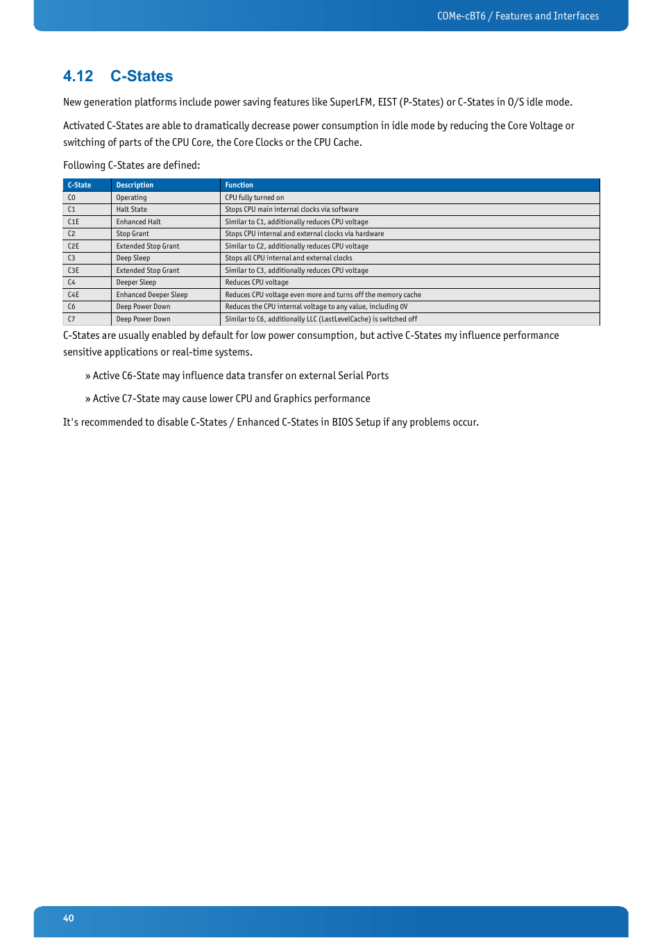 12 c-states, C-states, Come-cbt6 / features and interfaces | Kontron COMe-cBT6 User Manual | Page 40 / 90