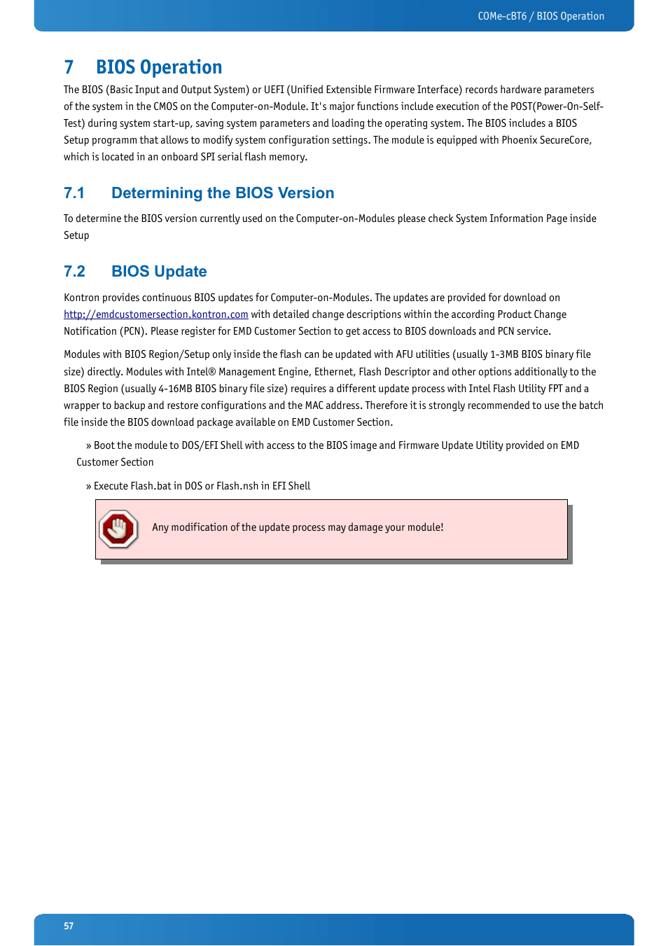 7 bios operation, 1 determining the bios version, 2 bios update | Bios operation, Determining the bios version, Bios update | Kontron COMe-cBT6 User Manual | Page 57 / 90