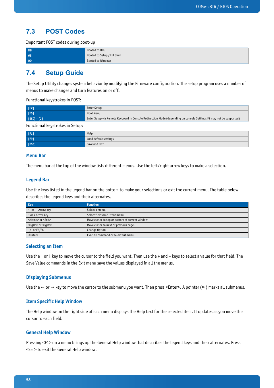 3 post codes, 4 setup guide, Menu bar | Legend bar, Selecting an item, Displaying submenus, Item specific help window, General help window, Post codes, Setup guide | Kontron COMe-cBT6 User Manual | Page 58 / 90