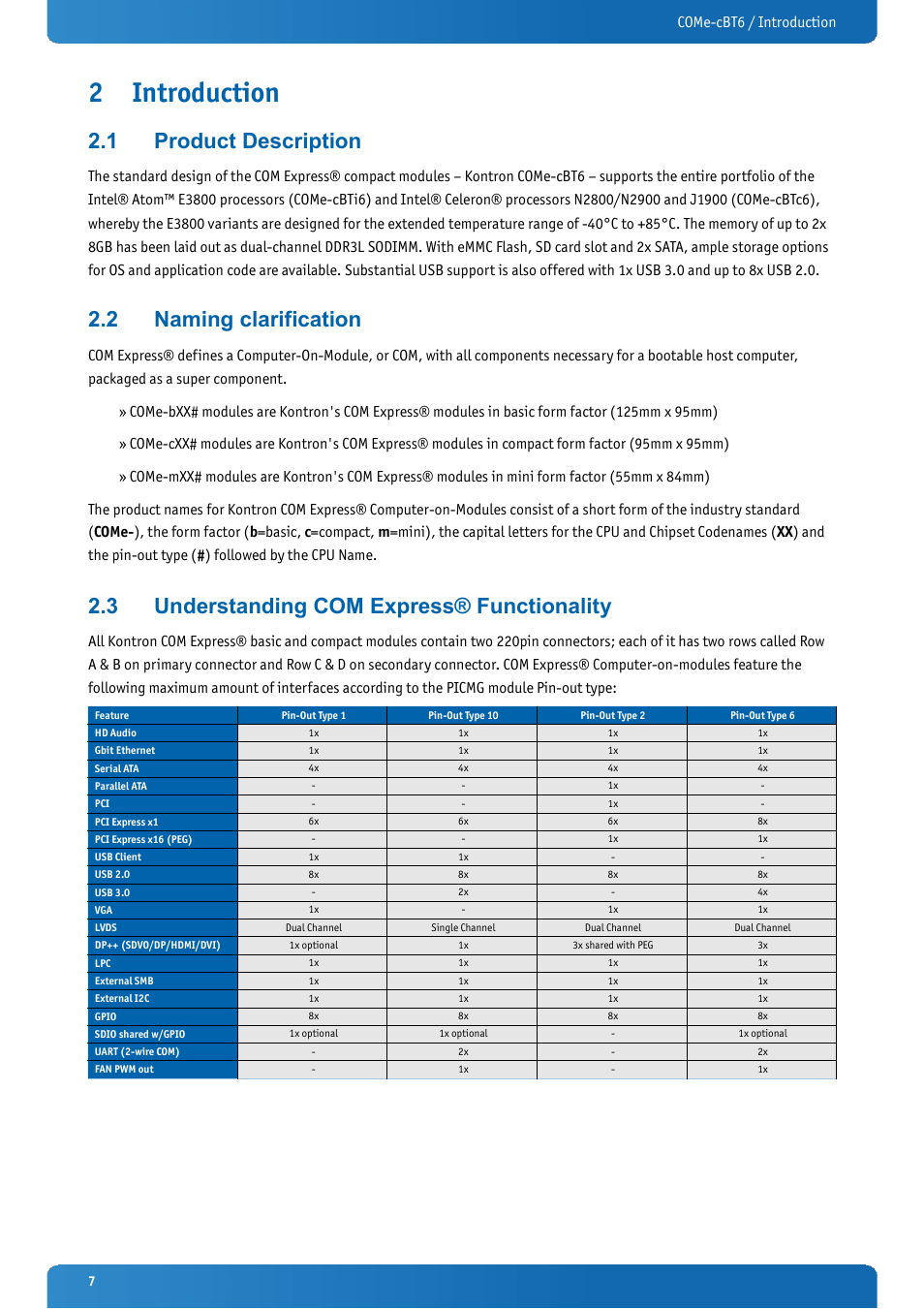 2 introduction, 1 product description, 2 naming clarification | 3 understanding com express® functionality, Introduction, Product description, Naming clarification, Understanding com express® functionality, Come-cbt6 / introduction | Kontron COMe-cBT6 User Manual | Page 7 / 90