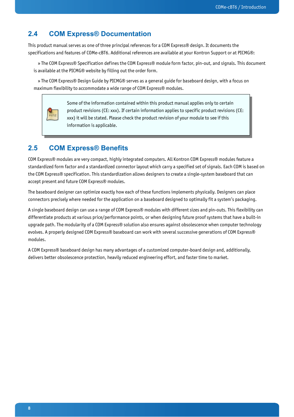 4 com express® documentation, 5 com express® benefits, Com express® documentation | Com express® benefits | Kontron COMe-cBT6 User Manual | Page 8 / 90