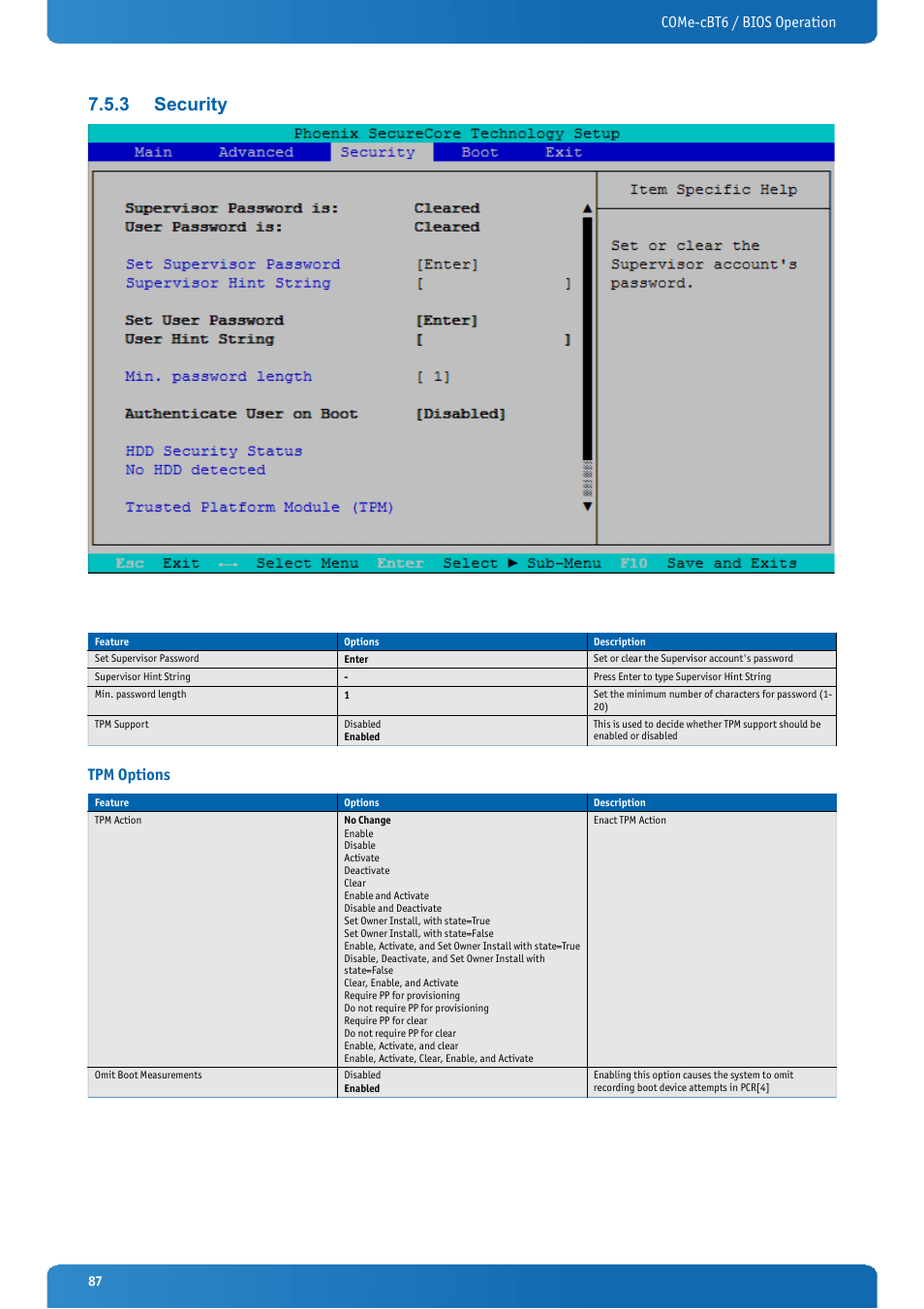 3 security, Tpm options, Security | Come-cbt6 / bios operation | Kontron COMe-cBT6 User Manual | Page 87 / 90