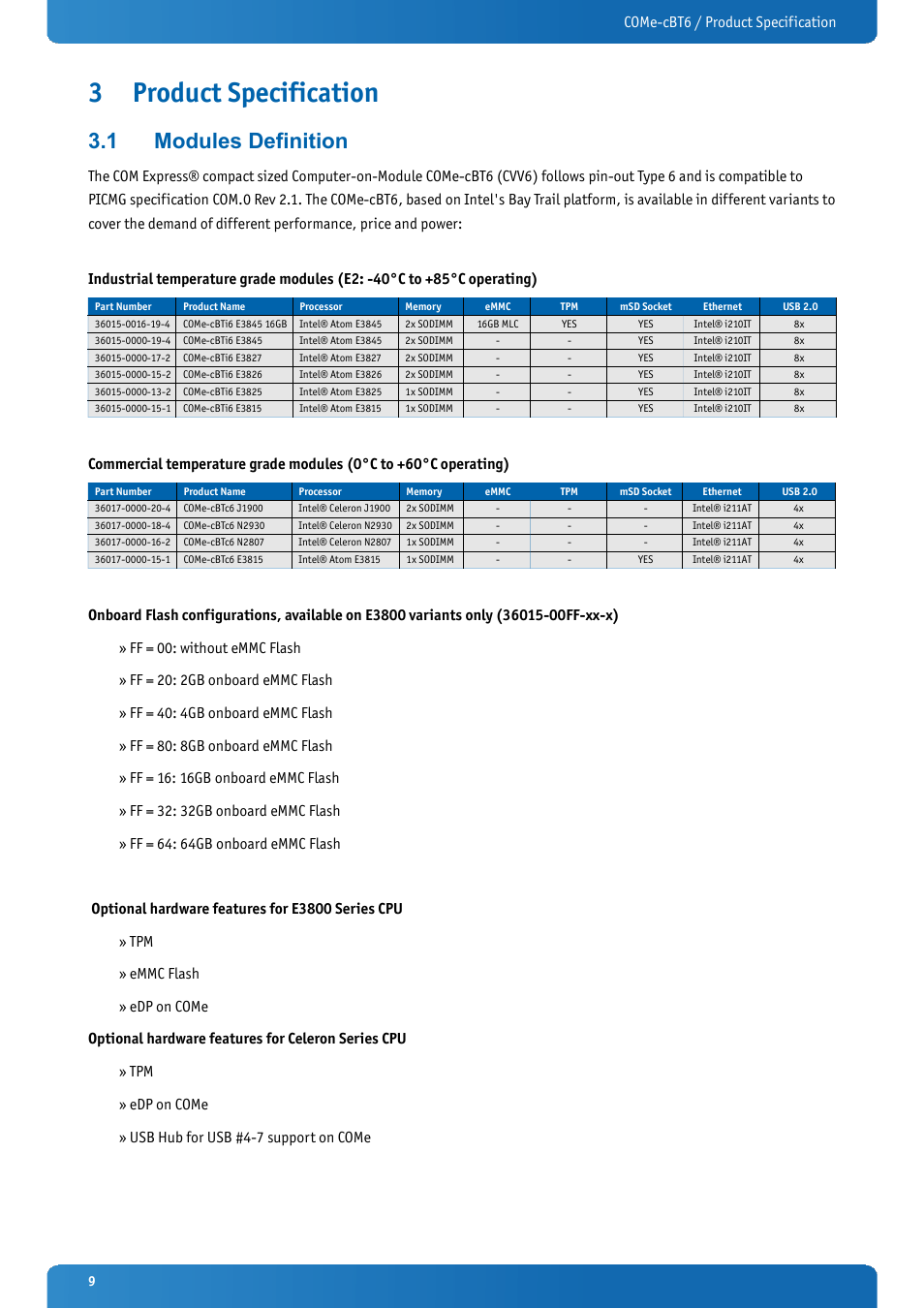 3 product specification, 1 modules definition, Product specification | Modules definition, Come-cbt6 / product specification | Kontron COMe-cBT6 User Manual | Page 9 / 90