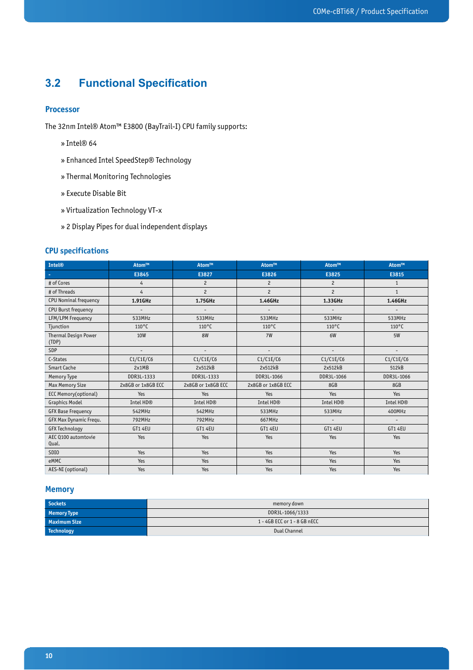 2 functional specification, Processor, Cpu specifications | Memory, Functional specification, Come-cbti6r / product specification | Kontron COMe-cBTi6R User Manual | Page 10 / 60