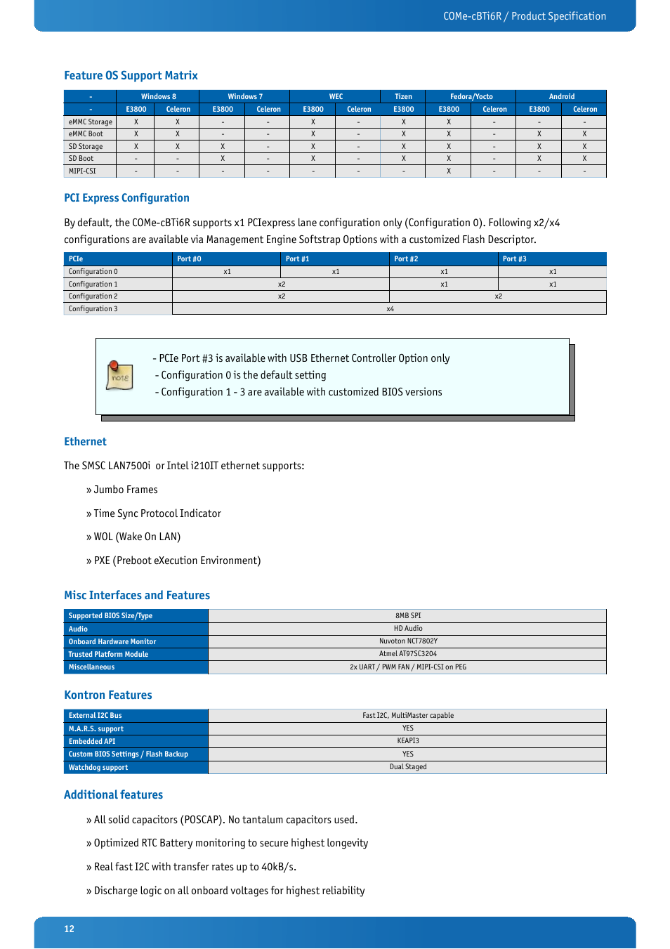 Feature os support matrix, Pci express configuration, Ethernet | Misc interfaces and features, Kontron features, Additional features, Come-cbti6r / product specification | Kontron COMe-cBTi6R User Manual | Page 12 / 60