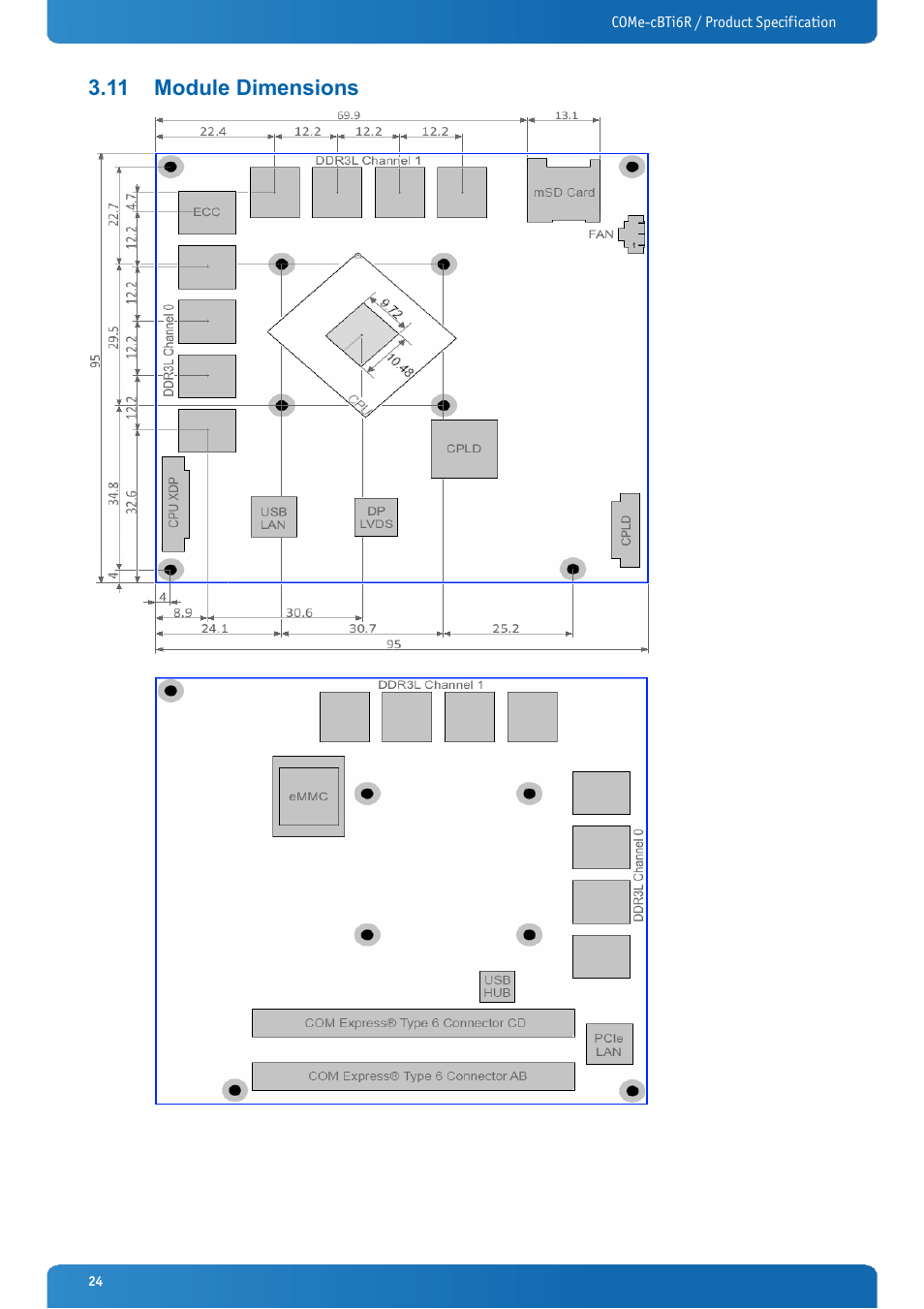 11 module dimensions, Module dimensions | Kontron COMe-cBTi6R User Manual | Page 24 / 60