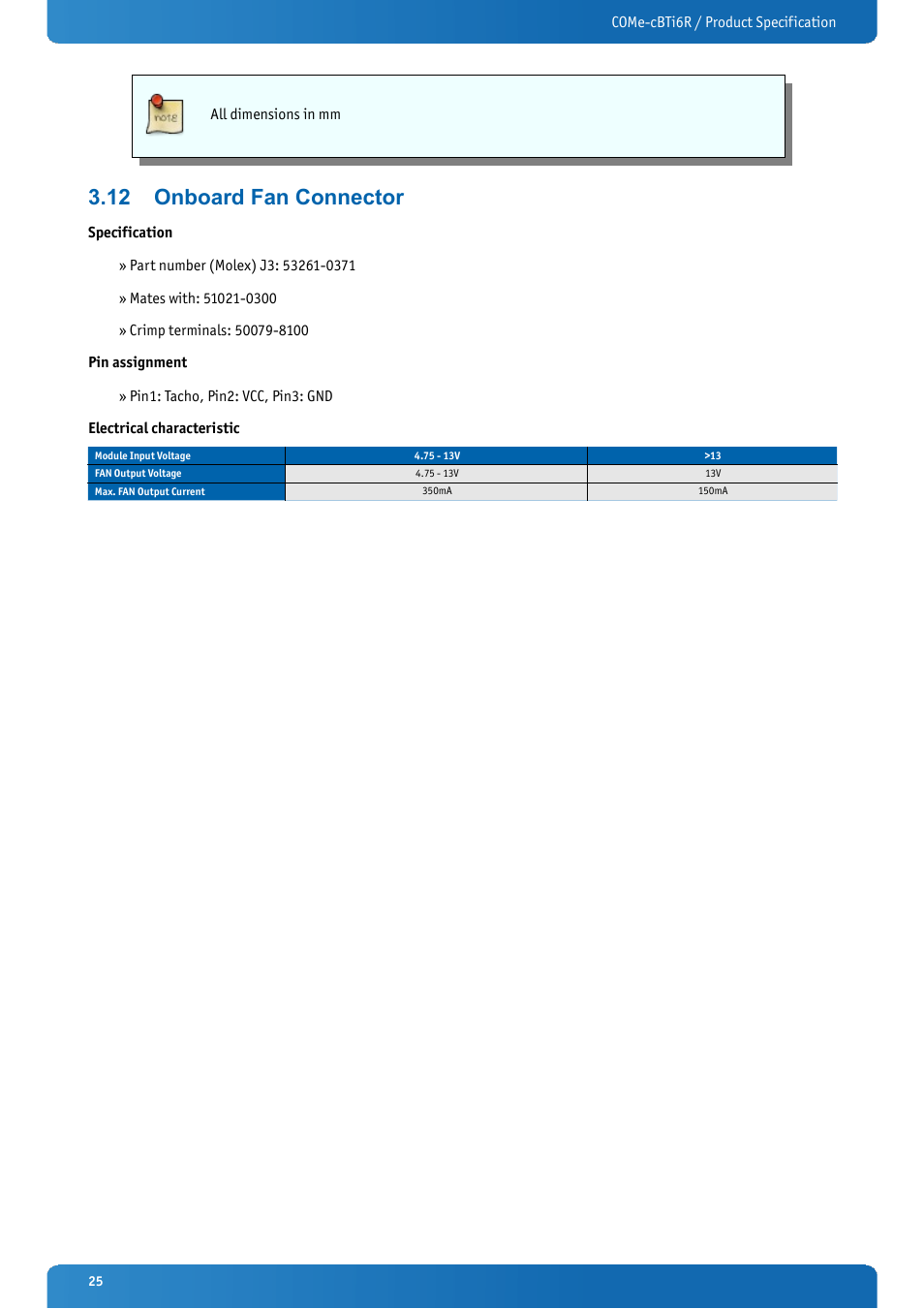 12 onboard fan connector, Onboard fan connector | Kontron COMe-cBTi6R User Manual | Page 25 / 60