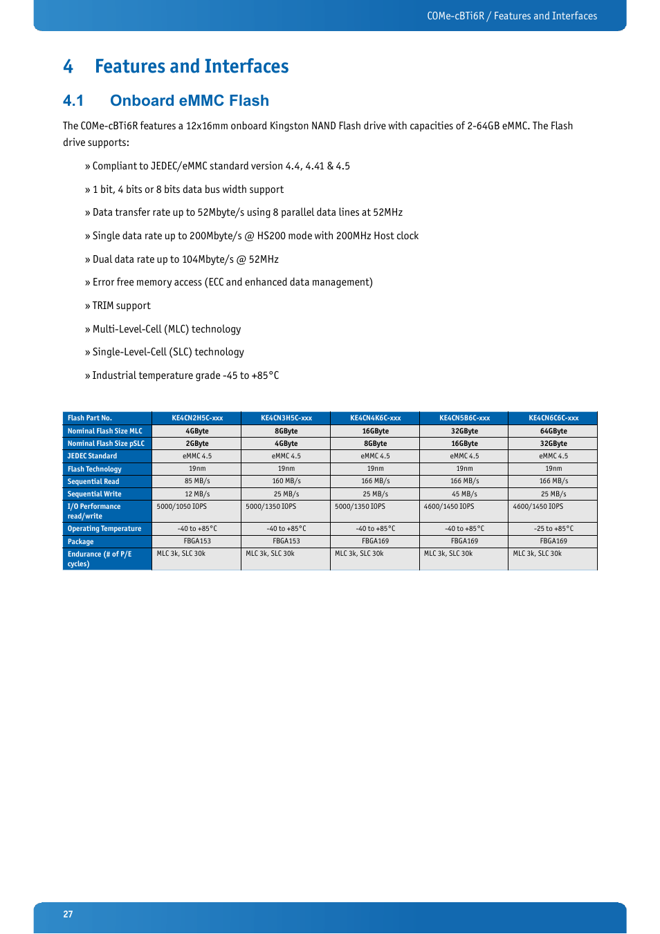 4 features and interfaces, 1 onboard emmc flash, Features and interfaces | Onboard emmc flash, Come-cbti6r / features and interfaces | Kontron COMe-cBTi6R User Manual | Page 27 / 60