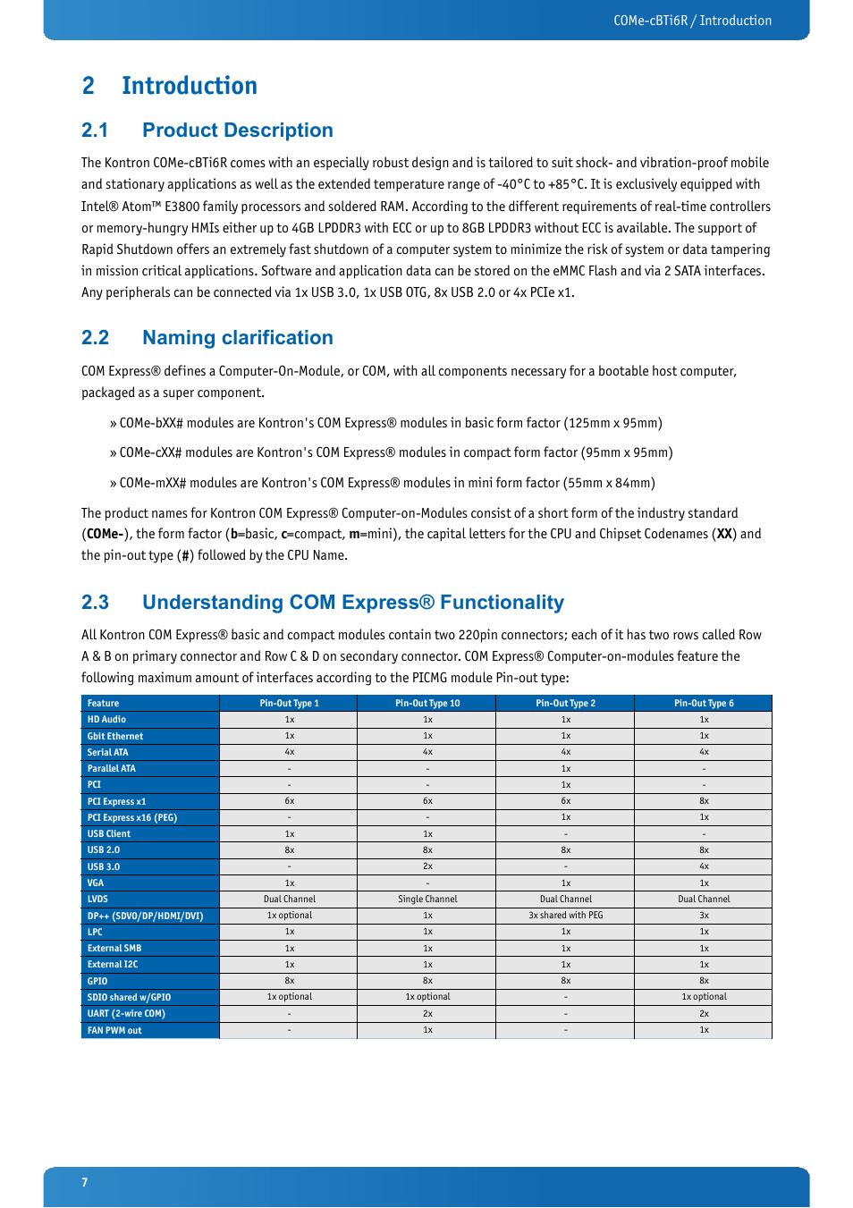 2 introduction, 1 product description, 2 naming clarification | 3 understanding com express® functionality, Introduction, Product description, Naming clarification, Understanding com express® functionality, Come-cbti6r / introduction | Kontron COMe-cBTi6R User Manual | Page 7 / 60