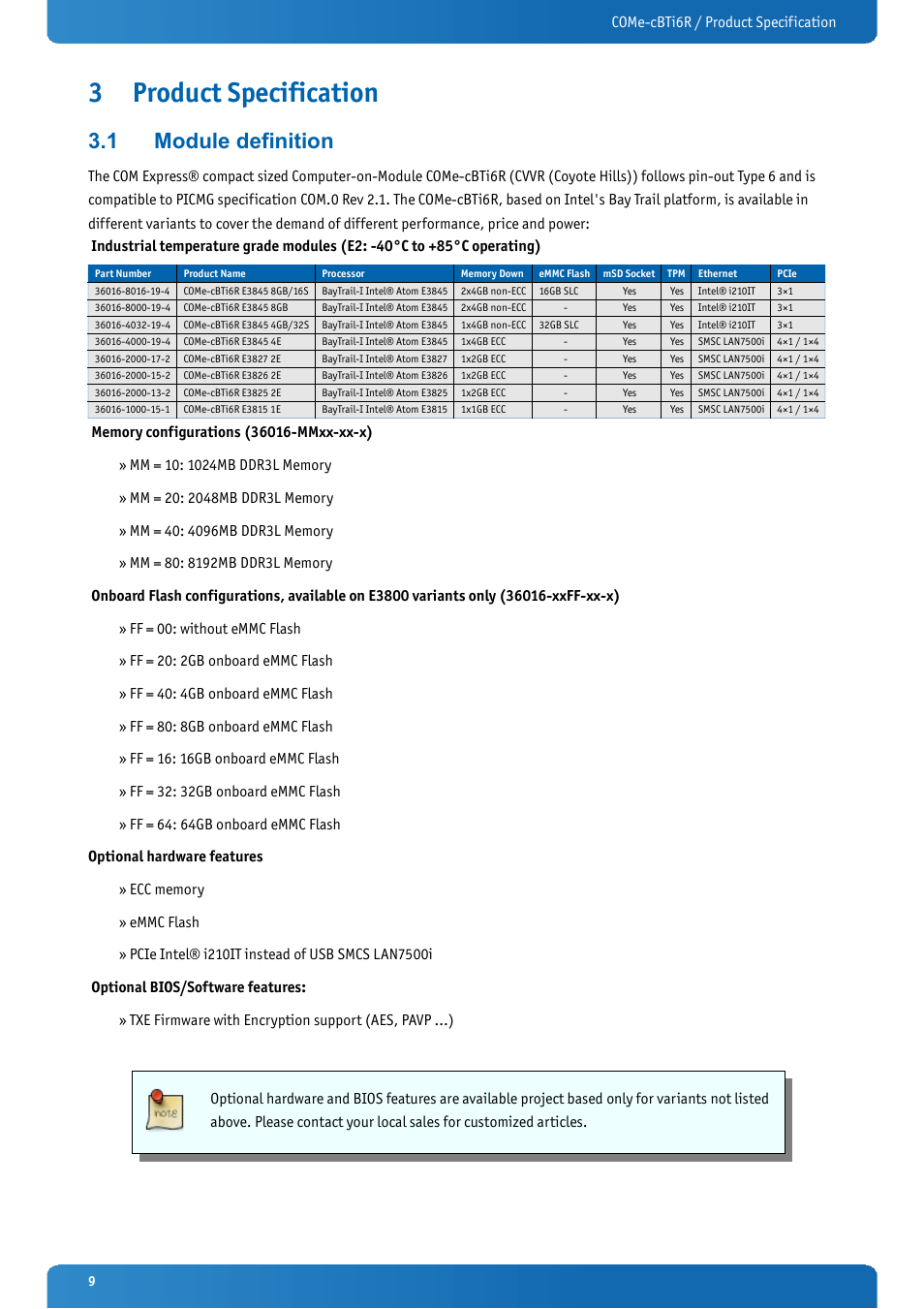 3 product specification, 1 module definition, Product specification | Module definition | Kontron COMe-cBTi6R User Manual | Page 9 / 60