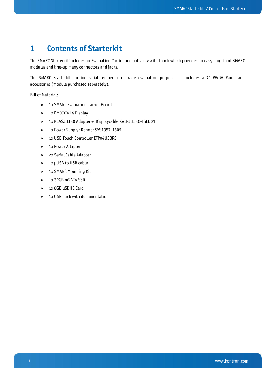 Contents of starterkit, 1contents of starterkit | Kontron SMARC Starterkit User Manual | Page 3 / 8