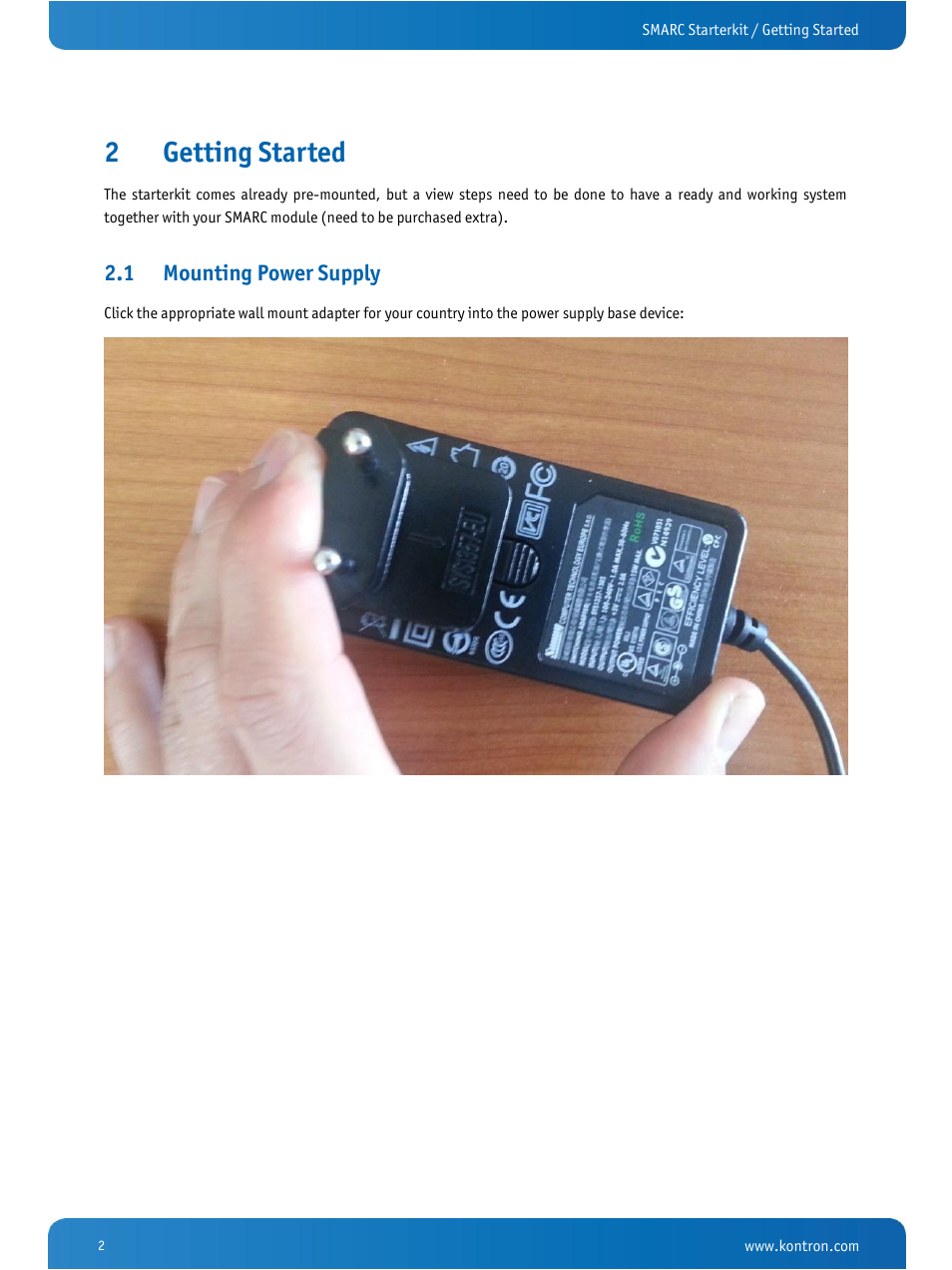 Getting started, Mount power supply, 2getting started | 1 mounting power supply | Kontron SMARC Starterkit User Manual | Page 4 / 8
