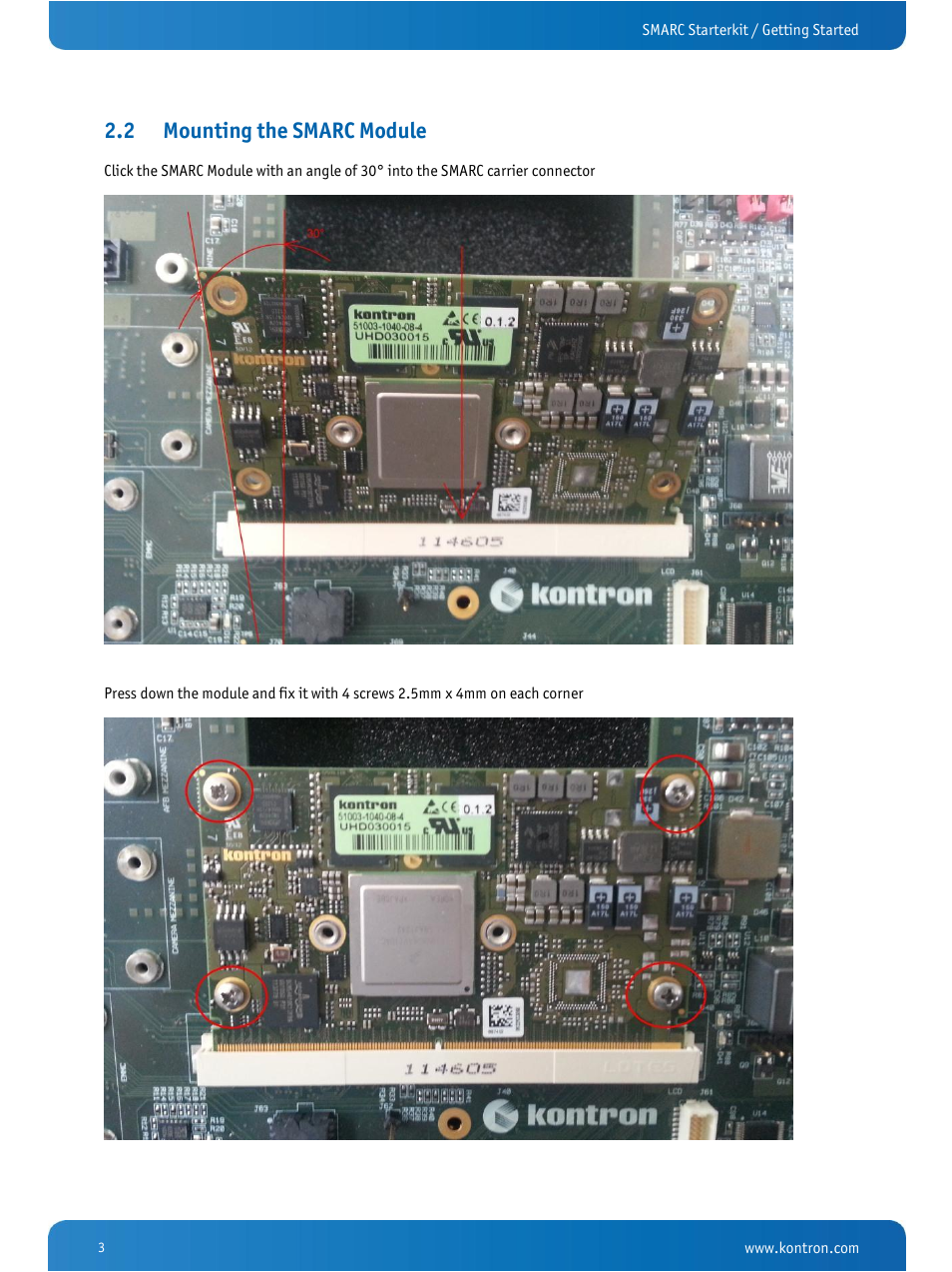 Mounting the smarc module, 2 mounting the smarc module | Kontron SMARC Starterkit User Manual | Page 5 / 8