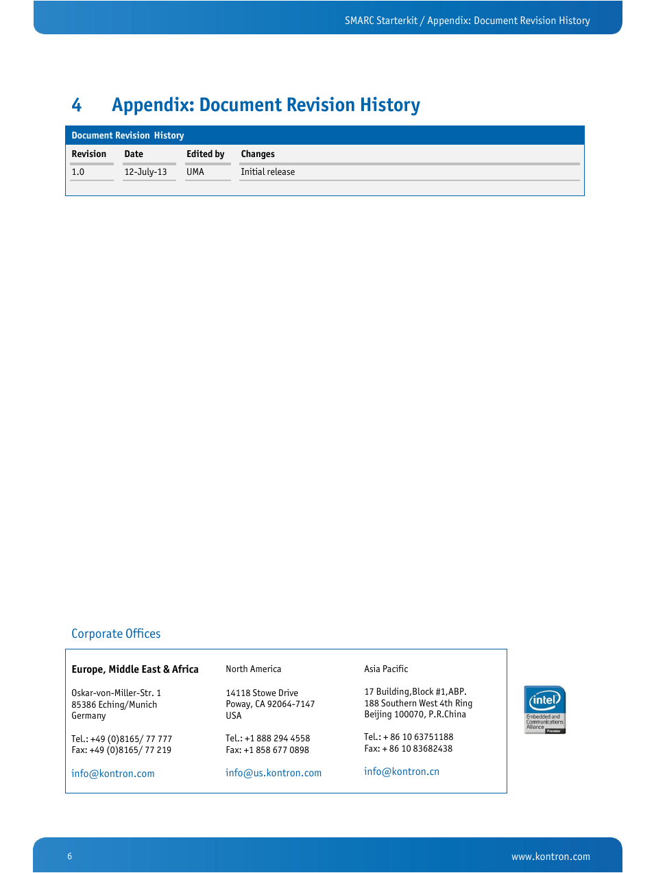 Appendix: document revision history, 4appendix: document revision history, Corporate offices | Kontron SMARC Starterkit User Manual | Page 8 / 8