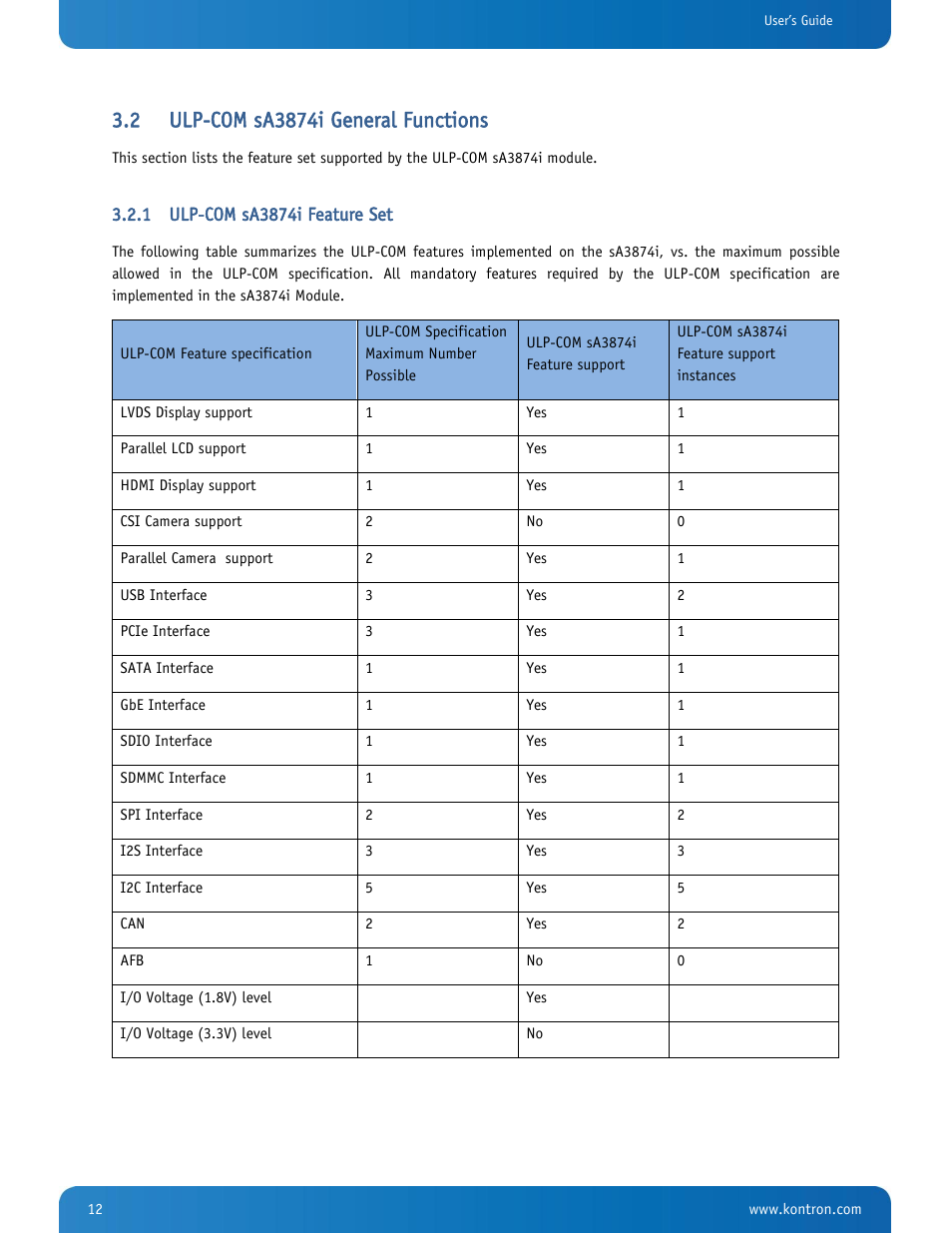 Ulp-com sa3874i general functions, Ulp-com sa3874i feature set | Kontron SMARC-sA3874i User Manual | Page 12 / 80