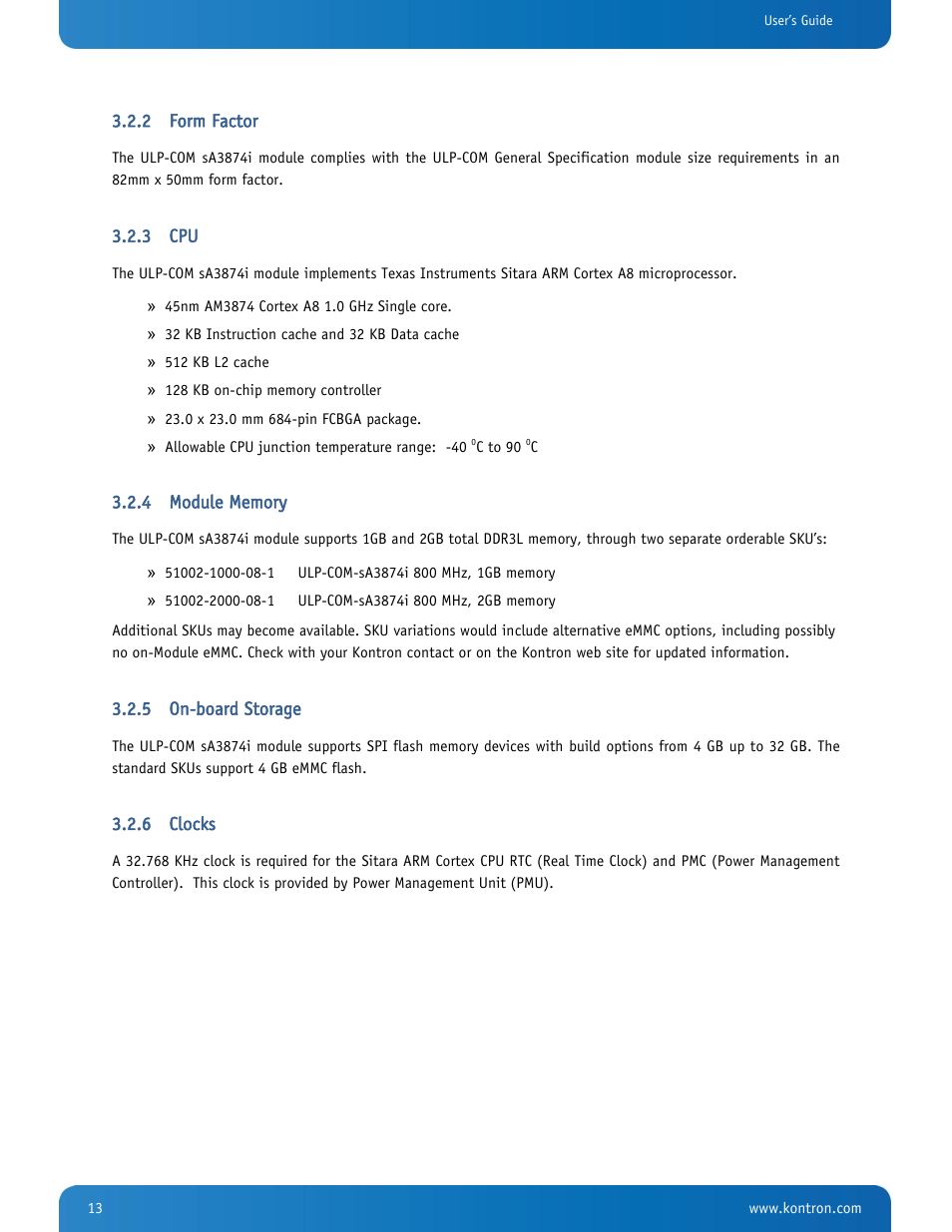 Form factor, Module memory, On-board storage | Clocks | Kontron SMARC-sA3874i User Manual | Page 13 / 80