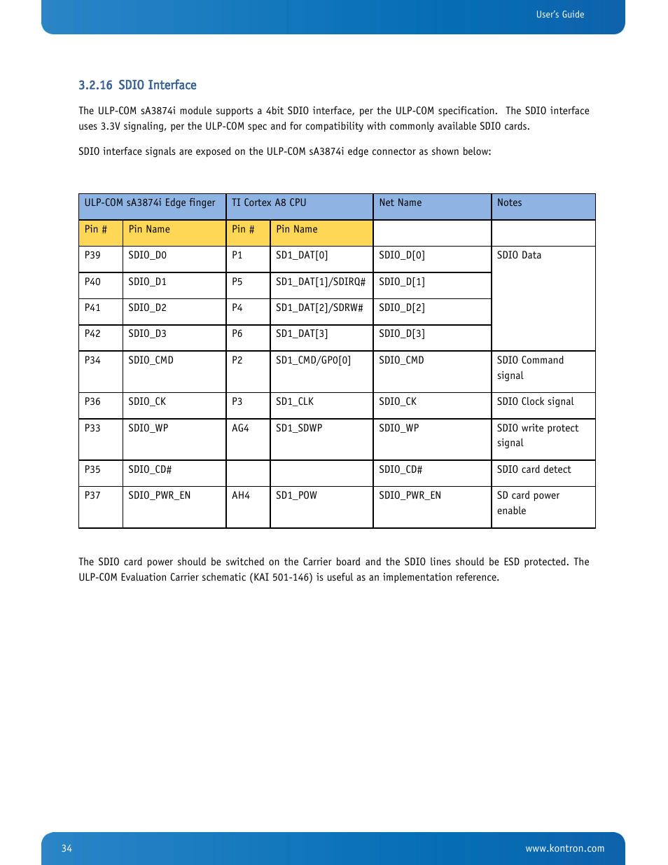 Sdio interface | Kontron SMARC-sA3874i User Manual | Page 34 / 80