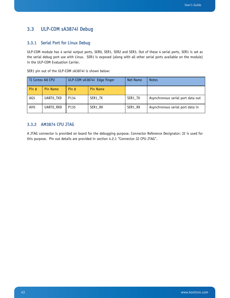 Ulp-com sa3874i debug, Serial port for linux debug, Am3874 cpu jtag | Kontron SMARC-sA3874i User Manual | Page 43 / 80