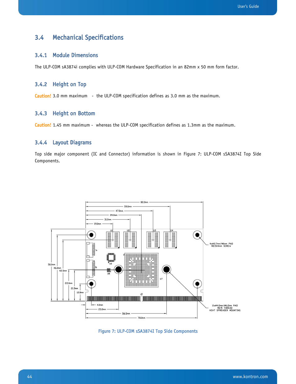 Mechanical specifications, Module dimensions, Height on top | Height on bottom, Layout diagrams, Figure 7: ulp-com ssa3874i top side components, 4 mechanical specifications | Kontron SMARC-sA3874i User Manual | Page 44 / 80