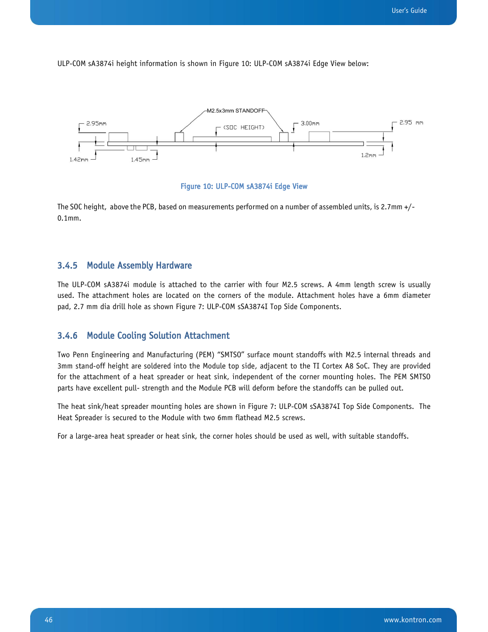 Module assembly hardware, Module cooling solution attachment, Figure 10: ulp-com sa3874i edge view | Kontron SMARC-sA3874i User Manual | Page 46 / 80