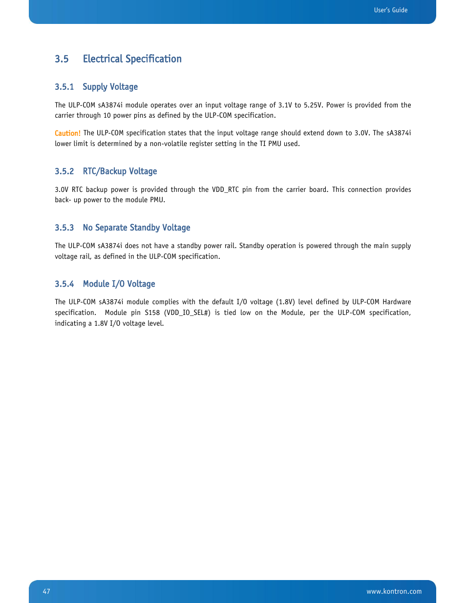 Electrical specification, Supply voltage, Rtc/backup voltage | No separate standby voltage, Module i/o voltage, 5 electrical specification | Kontron SMARC-sA3874i User Manual | Page 47 / 80