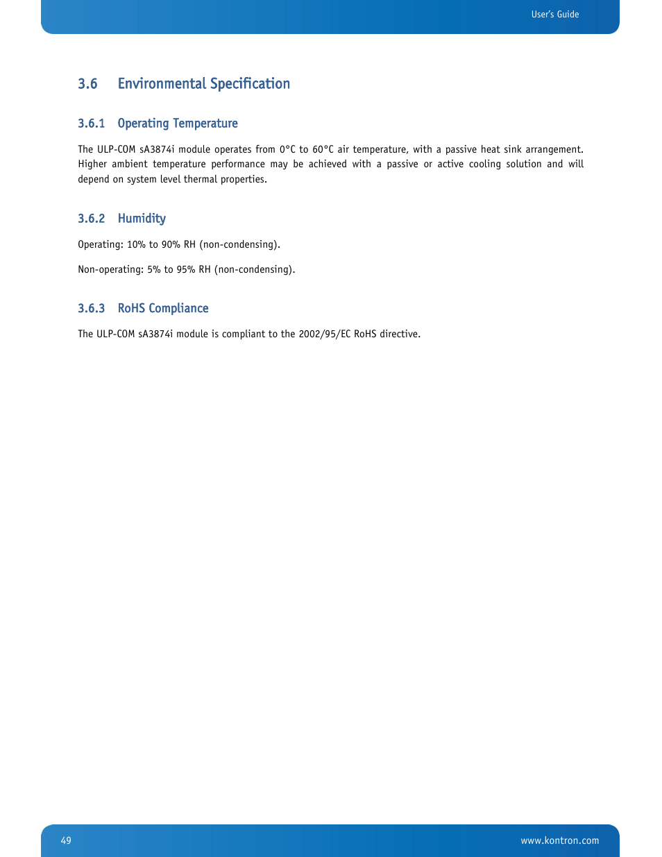 Environmental specification, Operating temperature, Humidity | Rohs compliance, 6 environmental specification | Kontron SMARC-sA3874i User Manual | Page 49 / 80